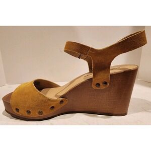 Lucky Brand Zashti Suede Leather Platform Wooden Wedge Sandals Yellow Boho 8.5M